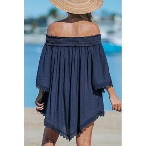 NWT Cupshe Navy Off Shoulder Asymmetrical Hem Smocked Cover-Up Dress‎ Medium